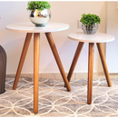 Mesa lateral redonda e canto na cor OFF WHITE Kit com 2 unidades com 3 pé palito na cor amendoa