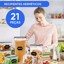 Kit 21 Potes Herméticos Empilháveis Quadrado Resistente Plástico Cozinha Dispensa Alimentos e Bebida