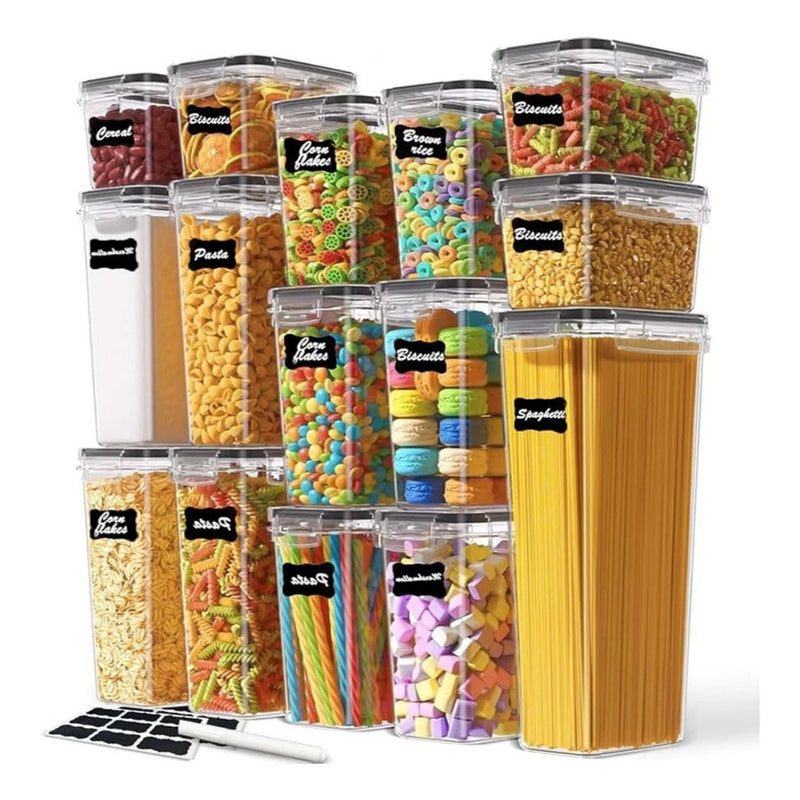 Kit 21 Potes Herméticos Empilháveis Quadrado Resistente Plástico Cozinha Dispensa Alimentos e Bebida