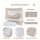 Kit 6 Peças Casal Queen King Bordado Cobre Leito e lençol Ideale 200 Fios Acetinado