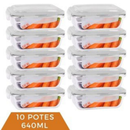 Kit 10 Potes de Vidro Hermético Retangular 640ml Marmita Microondas Freezer Forno